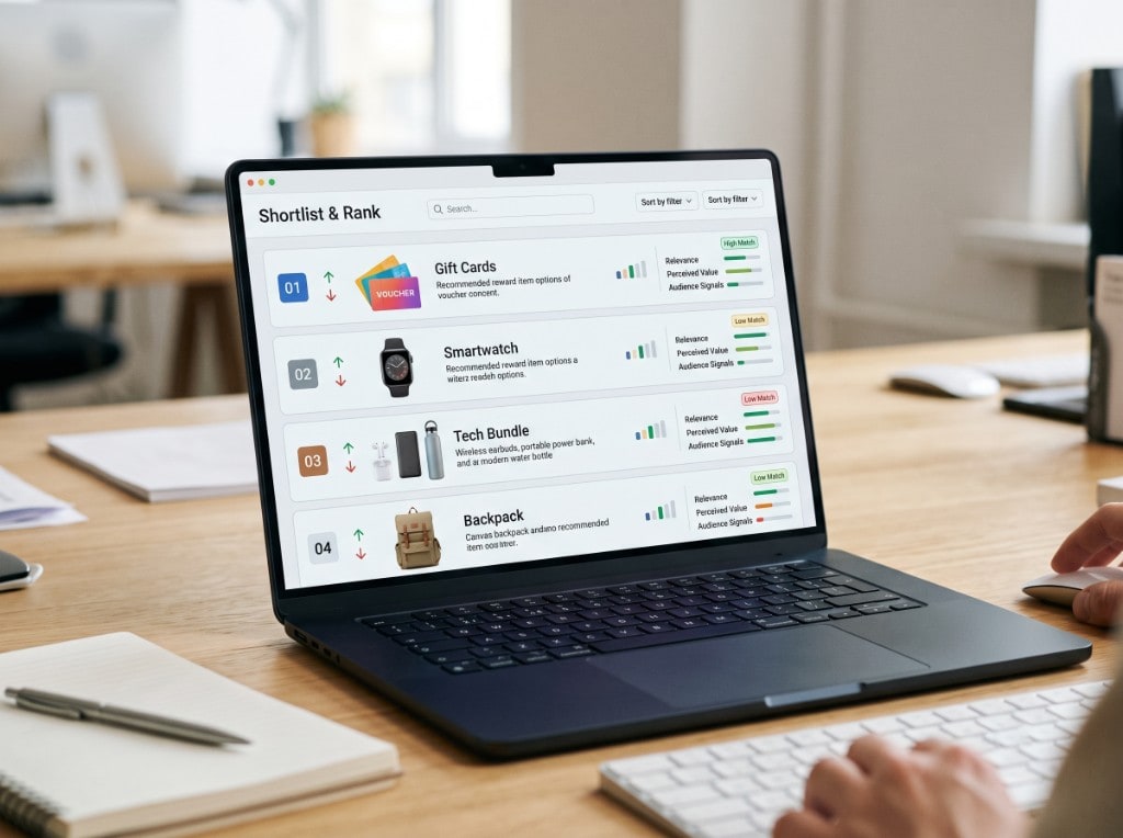 Shortlist and Rank screen scoring gift cards and reward bundles