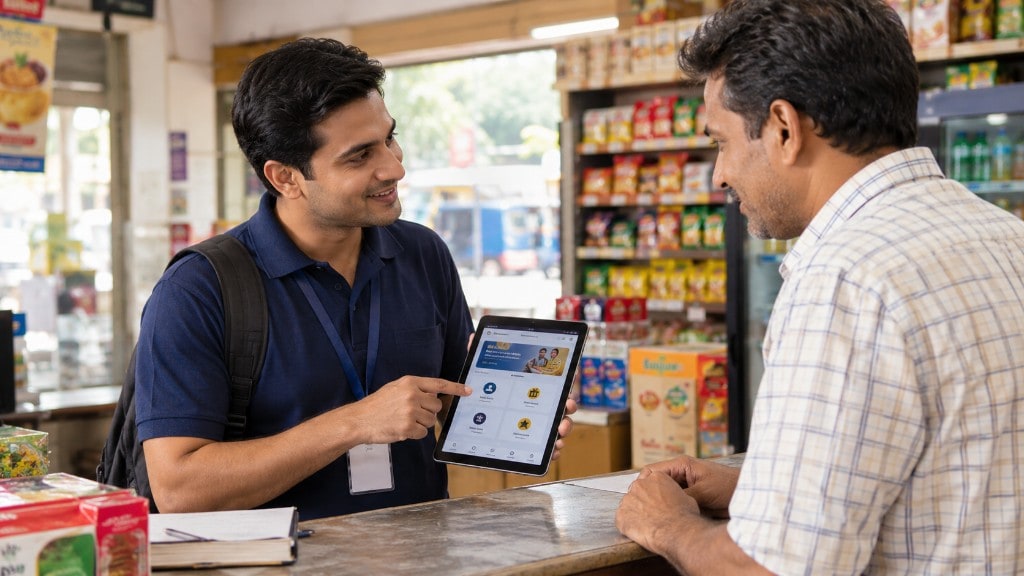 Sales representative engaging a shopkeeper with the partner app