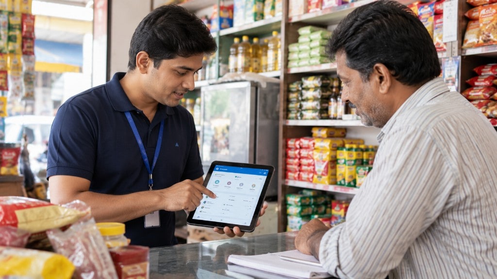 Field agent onboarding a retailer to the channel loyalty app on a tablet