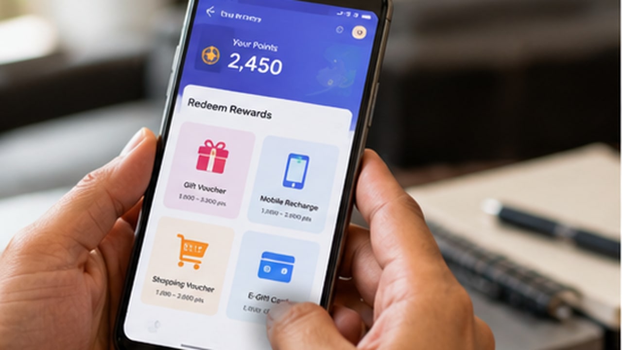 Redeem Rewards screen with gift vouchers, recharge, and e-gift cards