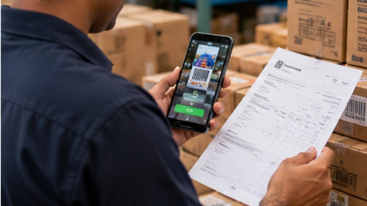 Partner scanning an invoice for verification in a warehouse