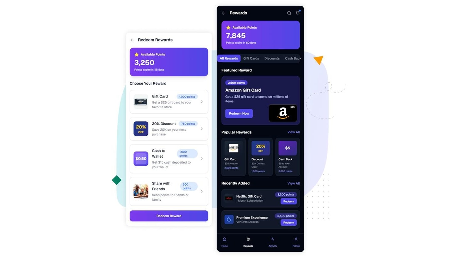 Redeem Rewards mobile screens with points and catalogue options