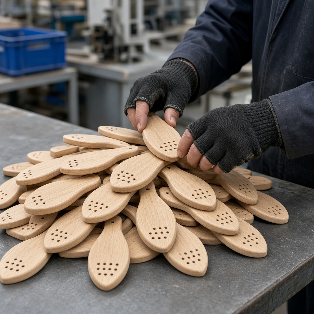 Production line sorting wooden brush components