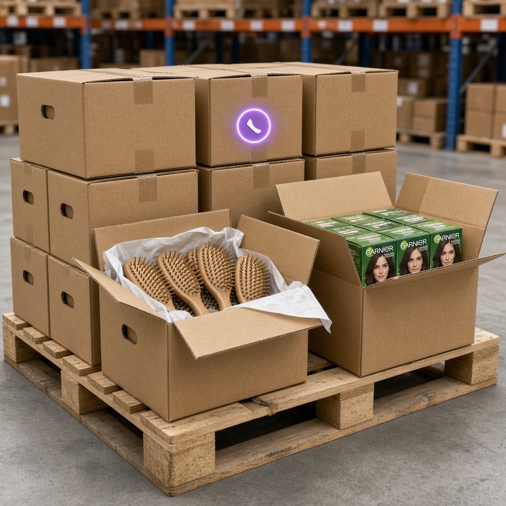 Warehouse pallets of Garnier packs and brush premiums