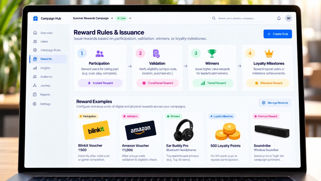 Reward rules and issuance for participation, validation, winners, and milestones