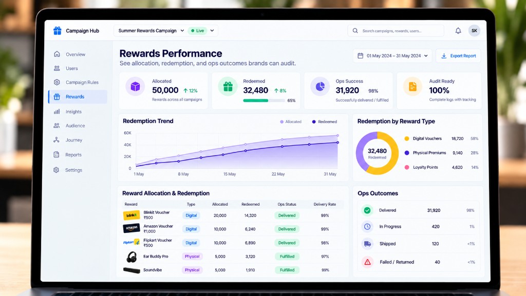 Rewards performance dashboard with allocation and redemption reporting
