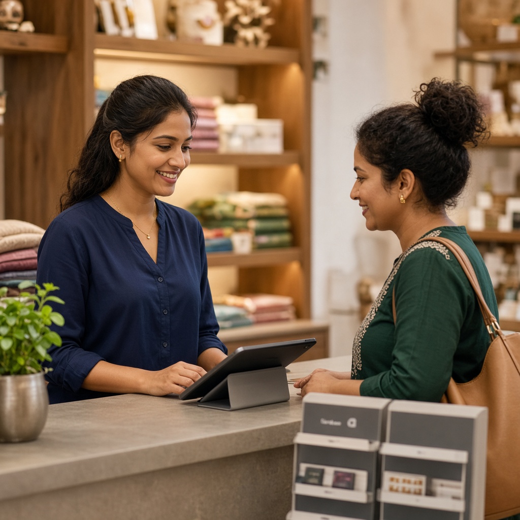 Retailer and shopper at a store counter with a tablet