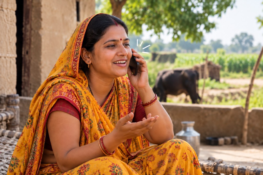 Rural woman on a voice call in a village setting
