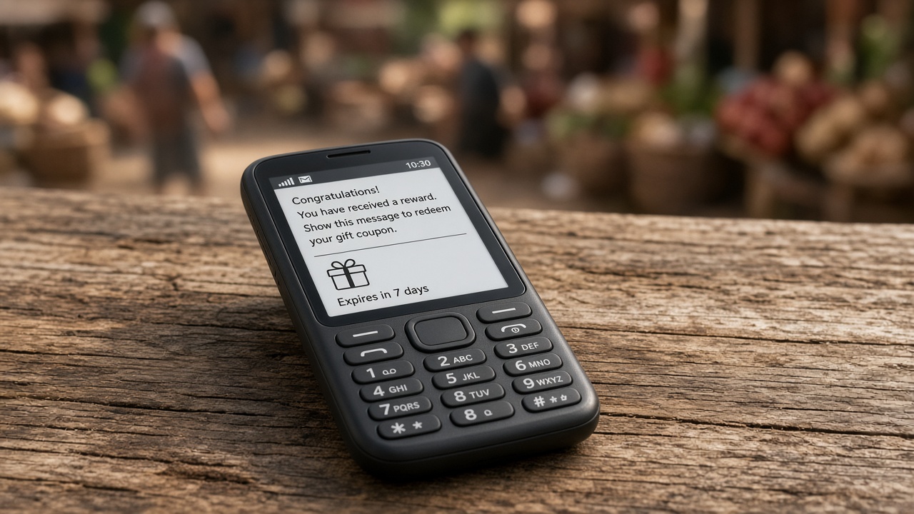 Feature phone showing an SMS reward message