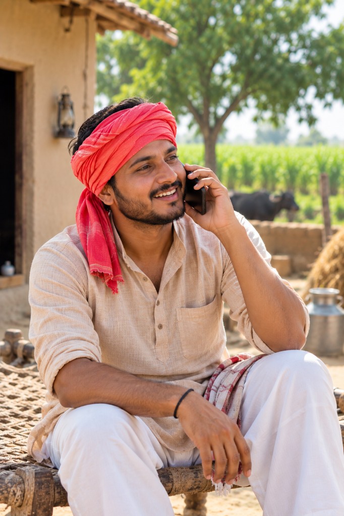 Rural man in a red turban on a smartphone voice call